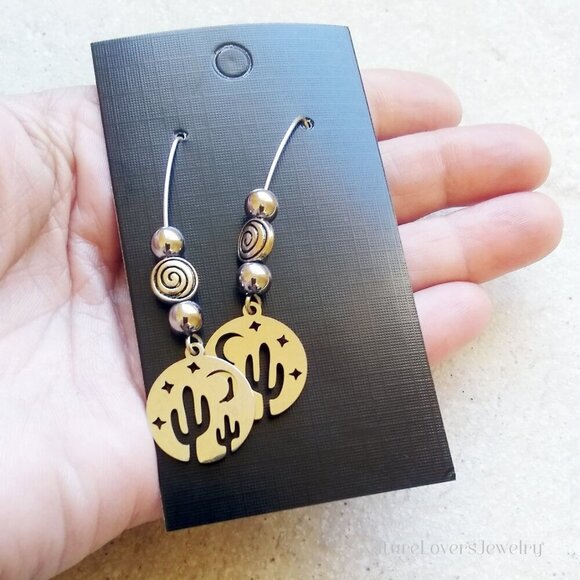 Cactus & Desert Night Sky - High Mirror Finish Stainless Steel Charm Earrings - Picture 1 of 8